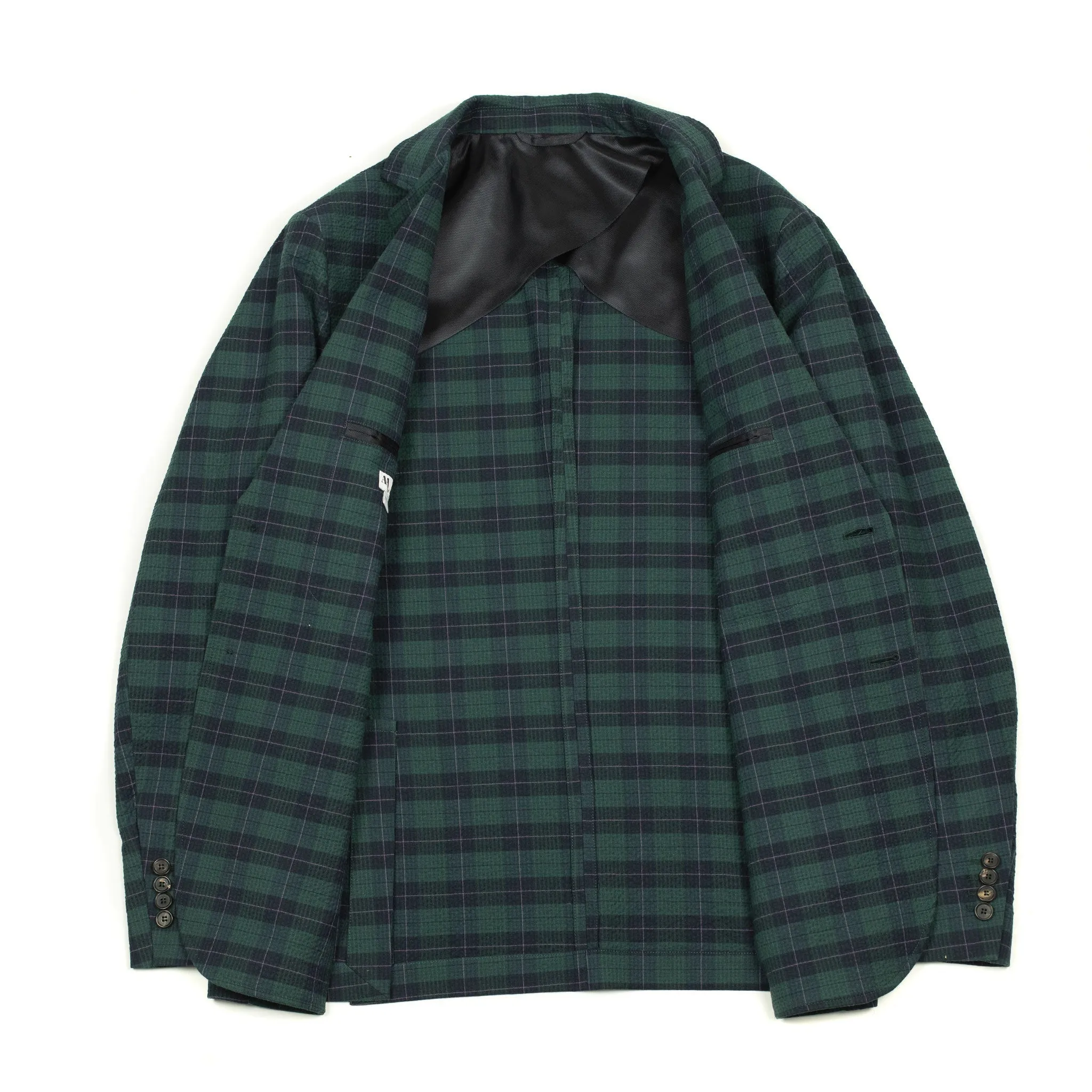 AAuro unstructured sport coat in green and blue plaid cotton seersucker