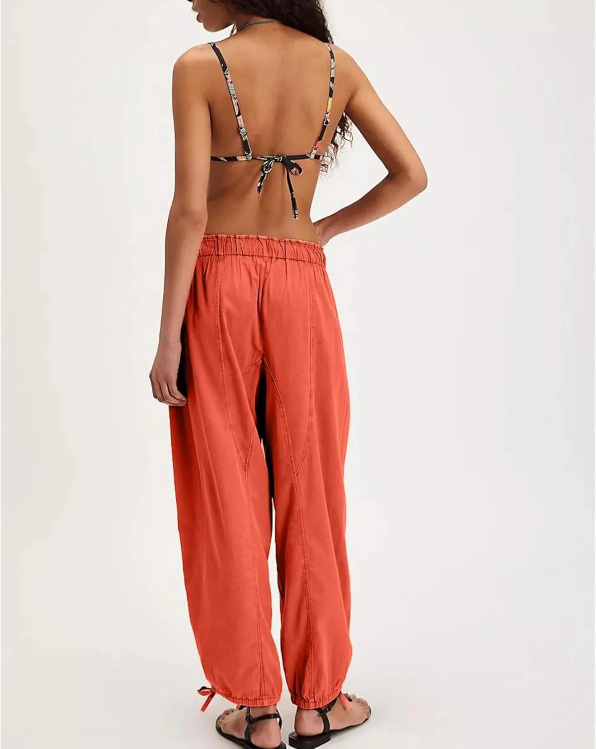 Aimiray Barrel Pants Women Loose Wide Leg Cotton Linen Drawstring Pants Elastic Waist Baggy Flowy Sweatpants with Pockets