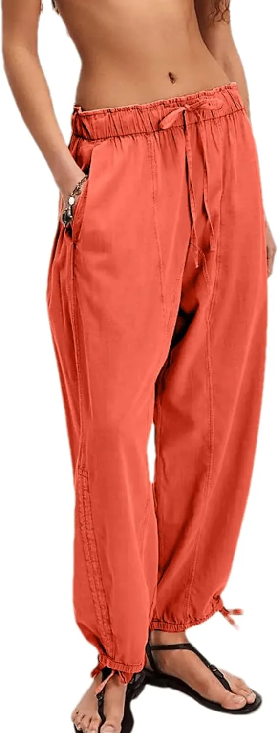 Aimiray Barrel Pants Women Loose Wide Leg Cotton Linen Drawstring Pants Elastic Waist Baggy Flowy Sweatpants with Pockets