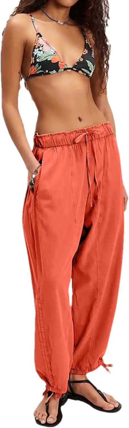 Aimiray Barrel Pants Women Loose Wide Leg Cotton Linen Drawstring Pants Elastic Waist Baggy Flowy Sweatpants with Pockets