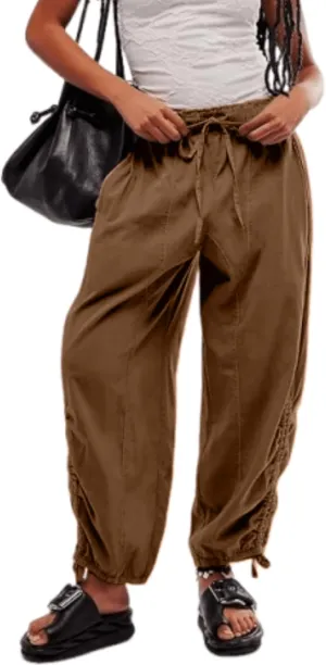 Aimiray Barrel Pants Women Loose Wide Leg Cotton Linen Drawstring Pants Elastic Waist Baggy Flowy Sweatpants with Pockets