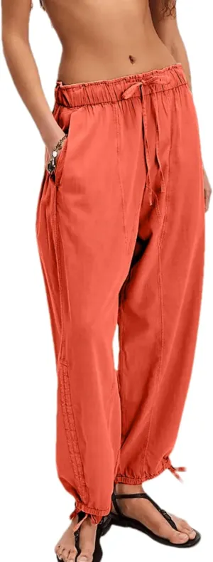 Aimiray Barrel Pants Women Loose Wide Leg Cotton Linen Drawstring Pants Elastic Waist Baggy Flowy Sweatpants with Pockets