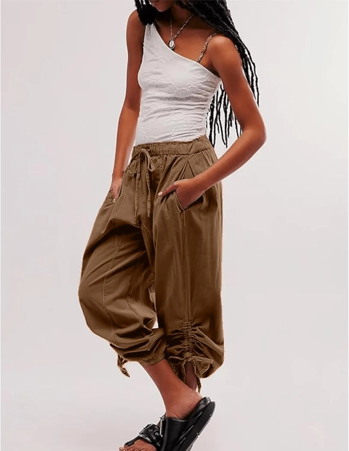 Aimiray Barrel Pants Women Loose Wide Leg Cotton Linen Drawstring Pants Elastic Waist Baggy Flowy Sweatpants with Pockets