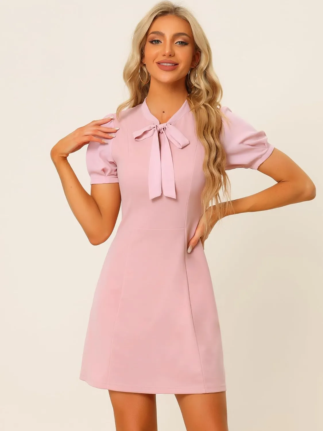 Allegra K Elegant Dresses for Women's Tie Neck Puff Short Sleeve Office Work Dress