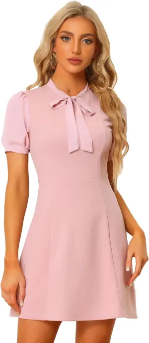 Allegra K Elegant Dresses for Women's Tie Neck Puff Short Sleeve Office Work Dress
