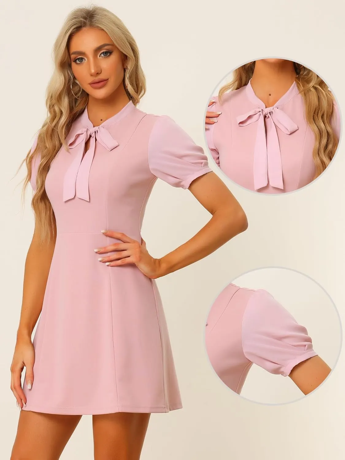 Allegra K Elegant Dresses for Women's Tie Neck Puff Short Sleeve Office Work Dress