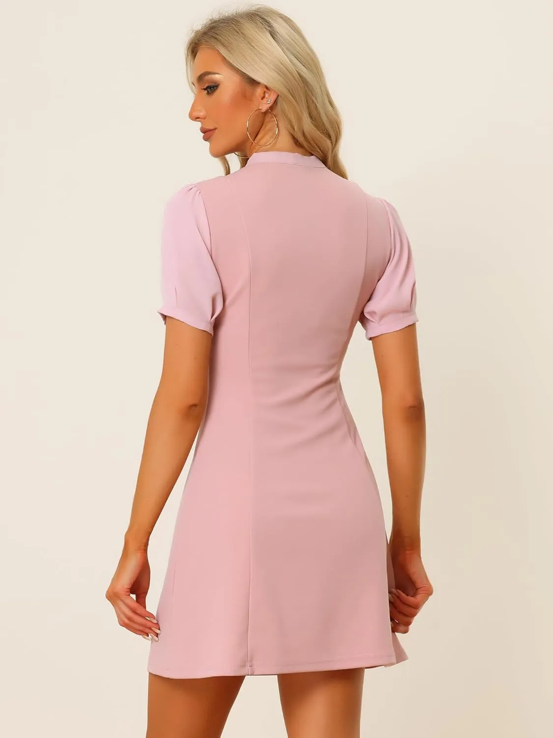 Allegra K Elegant Dresses for Women's Tie Neck Puff Short Sleeve Office Work Dress