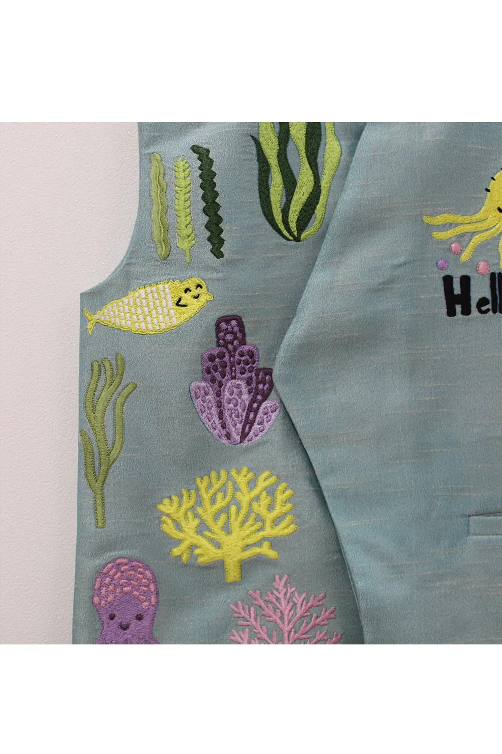 Aqua green sea creatures embroidered nehru jacket
