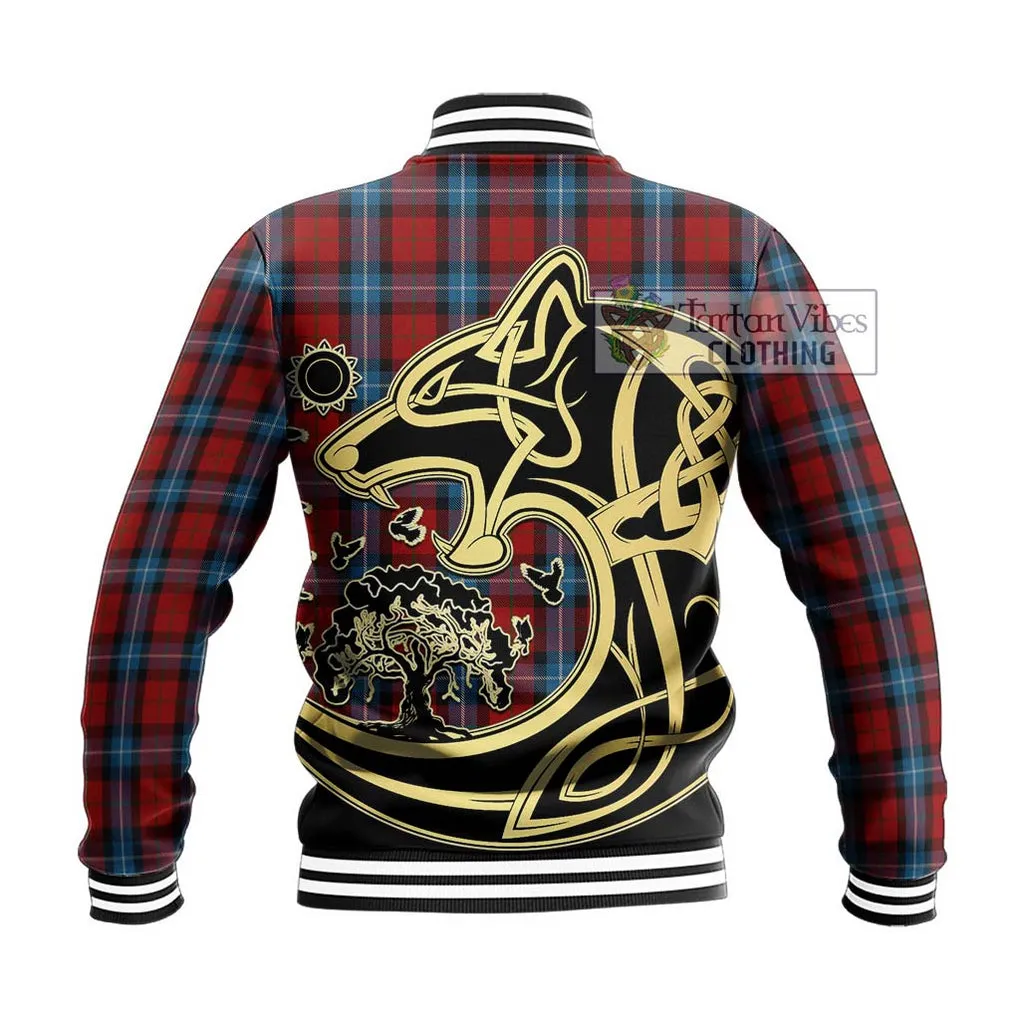 Baillie of Polkemmet Red Tartan Baseball Jacket with Family Crest Celtic Wolf Style