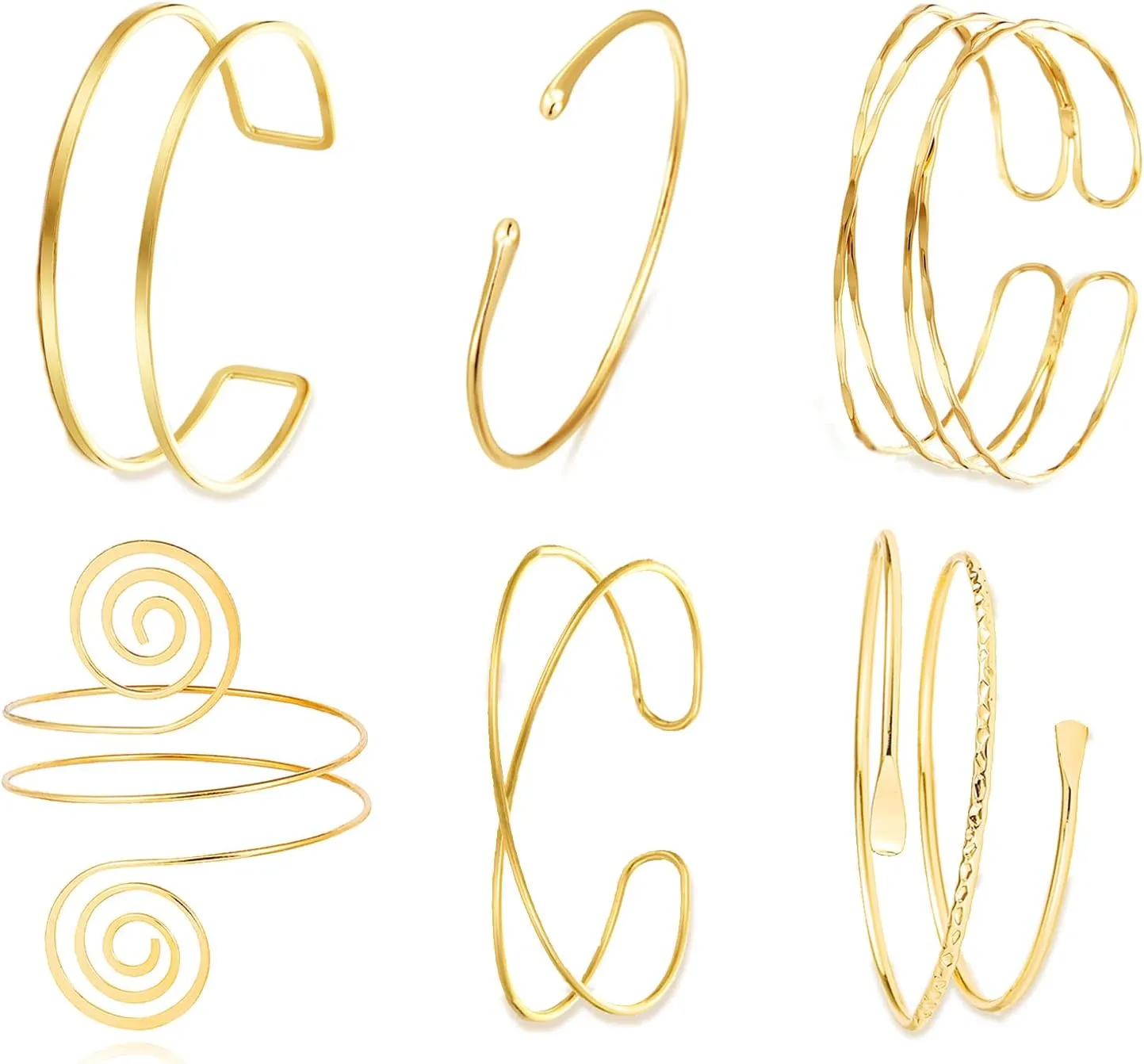 BROCC 6pcs Gold Arm Cuff Bracelet Set for Women Adjustable Coil Swirl Upper Cuff Bracelet Jewelry