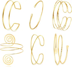 BROCC 6pcs Gold Arm Cuff Bracelet Set for Women Adjustable Coil Swirl Upper Cuff Bracelet Jewelry