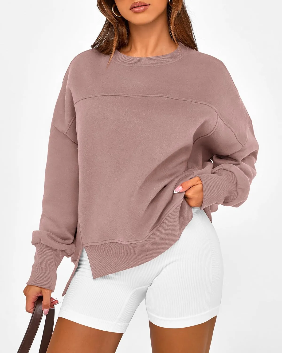 BTFBM Women's Casual Crewneck Sweatshirts 2025 Spring Fall Clothes Long Sleeve Side Slit Workout Fleece Pullover Tops