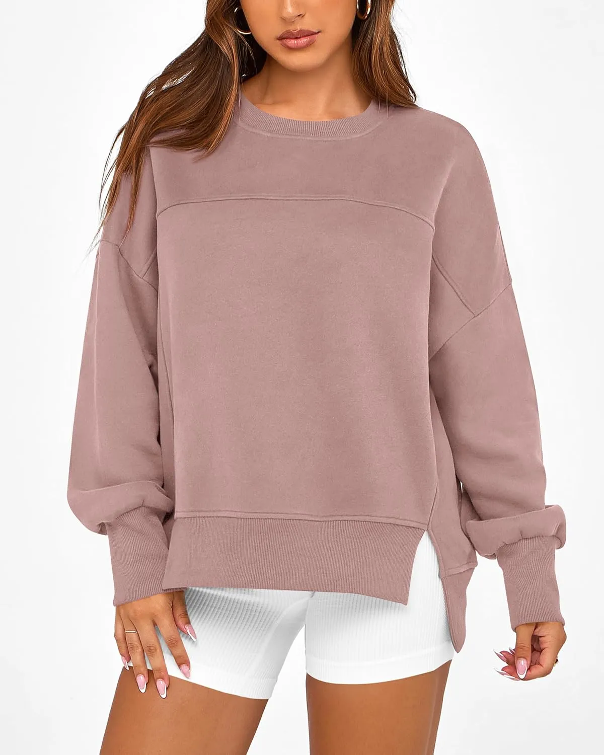 BTFBM Women's Casual Crewneck Sweatshirts 2025 Spring Fall Clothes Long Sleeve Side Slit Workout Fleece Pullover Tops