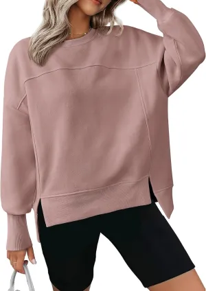 BTFBM Women's Casual Crewneck Sweatshirts 2025 Spring Fall Clothes Long Sleeve Side Slit Workout Fleece Pullover Tops