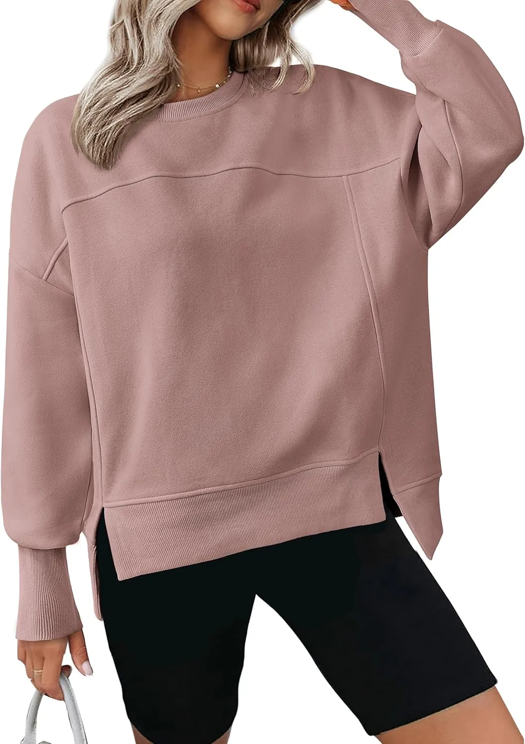BTFBM Women's Casual Crewneck Sweatshirts 2025 Spring Fall Clothes Long Sleeve Side Slit Workout Fleece Pullover Tops