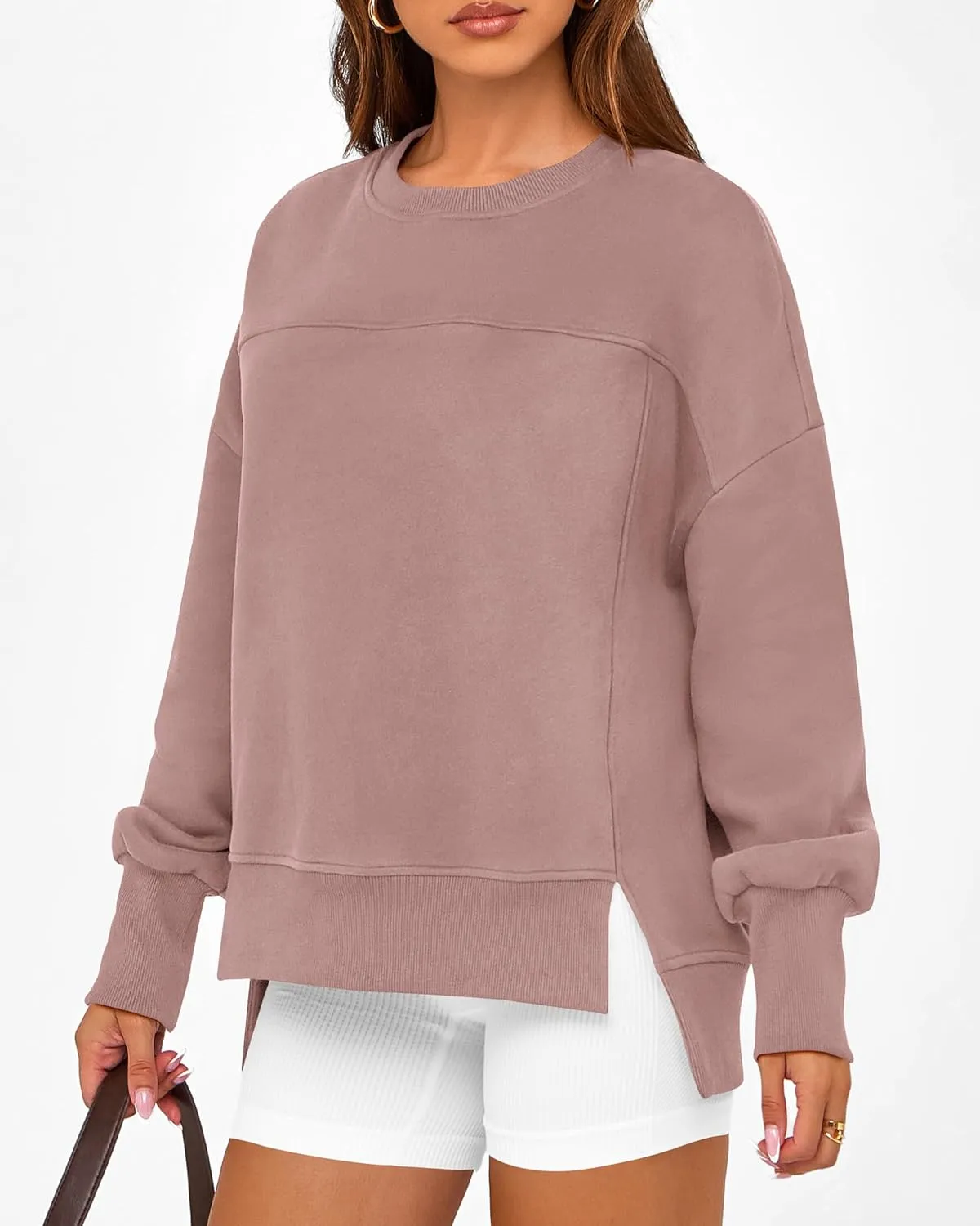 BTFBM Women's Casual Crewneck Sweatshirts 2025 Spring Fall Clothes Long Sleeve Side Slit Workout Fleece Pullover Tops
