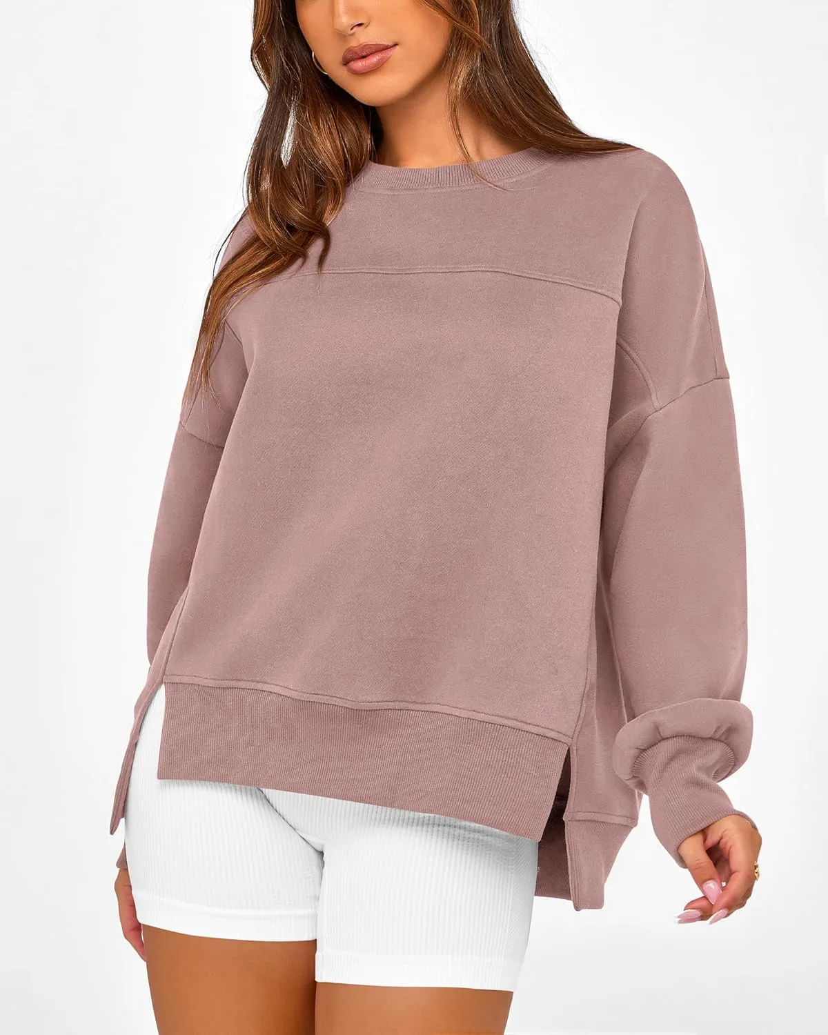 BTFBM Women's Casual Crewneck Sweatshirts 2025 Spring Fall Clothes Long Sleeve Side Slit Workout Fleece Pullover Tops