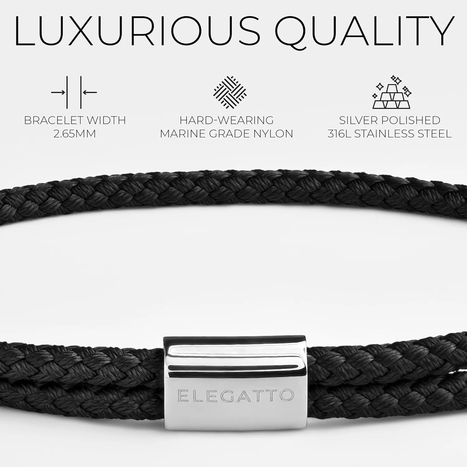 Elegatto Sailor Premium Rope Bracelet for Men | Nylon Marine Cord with Silver Polished Stainless Steel Pull Rope Closure | Mens Designer Bracelets