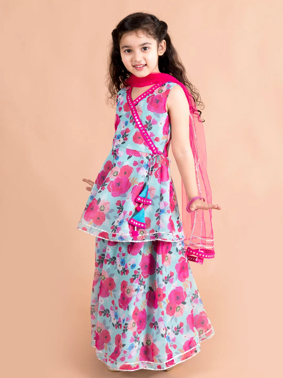 Girls Blue Floral Printed Angrakha Gotta Patti Pure Cotton Kurti With Sharara With Dupatta - Ps Peaches