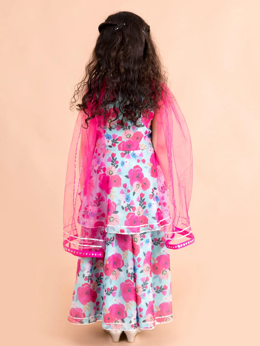 Girls Blue Floral Printed Angrakha Gotta Patti Pure Cotton Kurti With Sharara With Dupatta - Ps Peaches