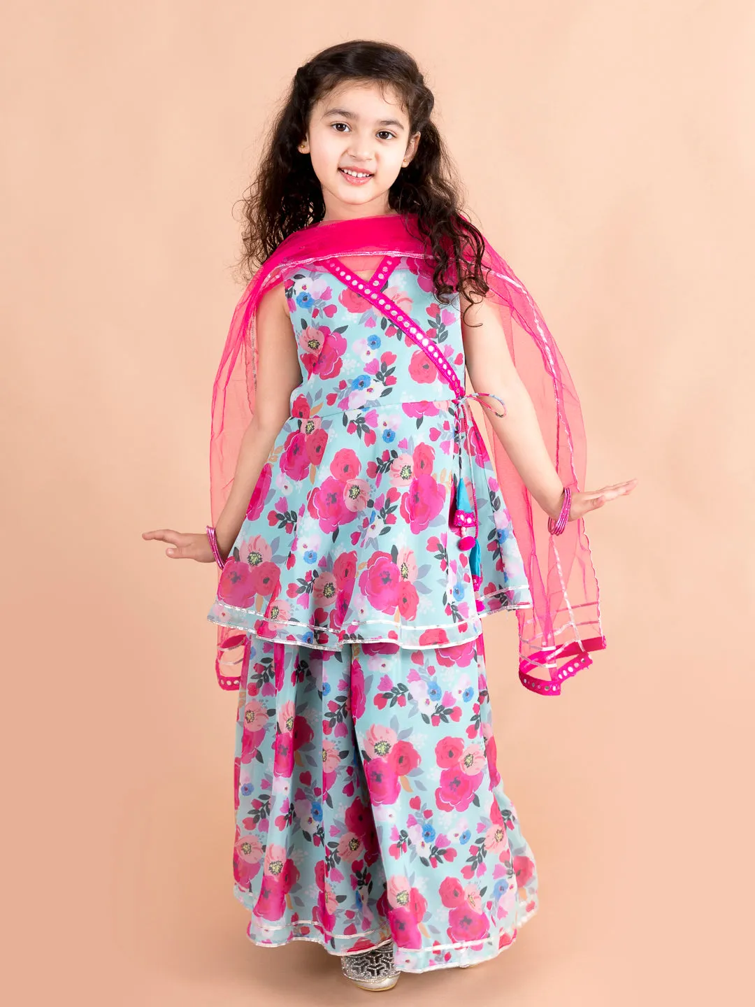 Girls Blue Floral Printed Angrakha Gotta Patti Pure Cotton Kurti With Sharara With Dupatta - Ps Peaches