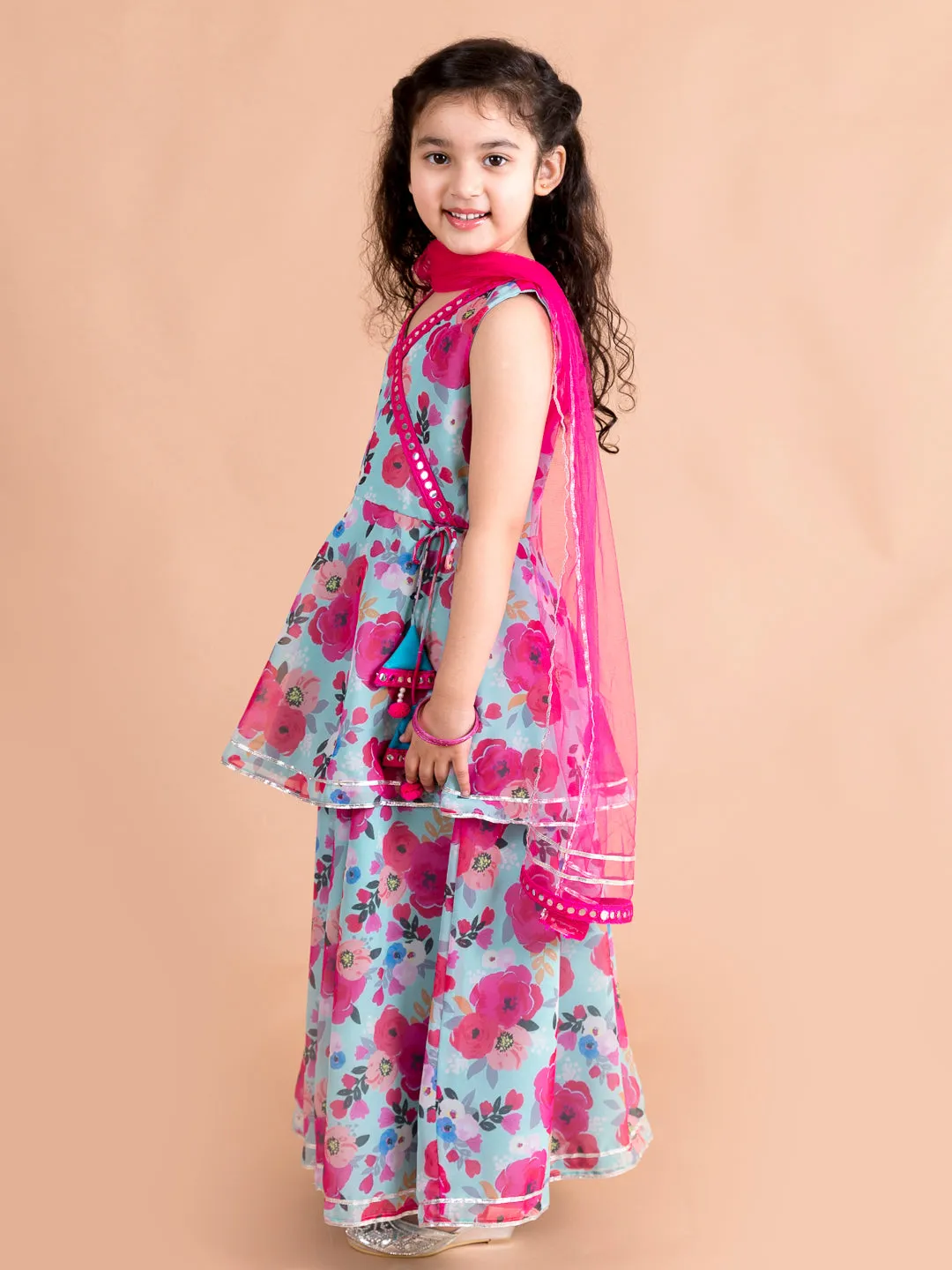 Girls Blue Floral Printed Angrakha Gotta Patti Pure Cotton Kurti With Sharara With Dupatta - Ps Peaches