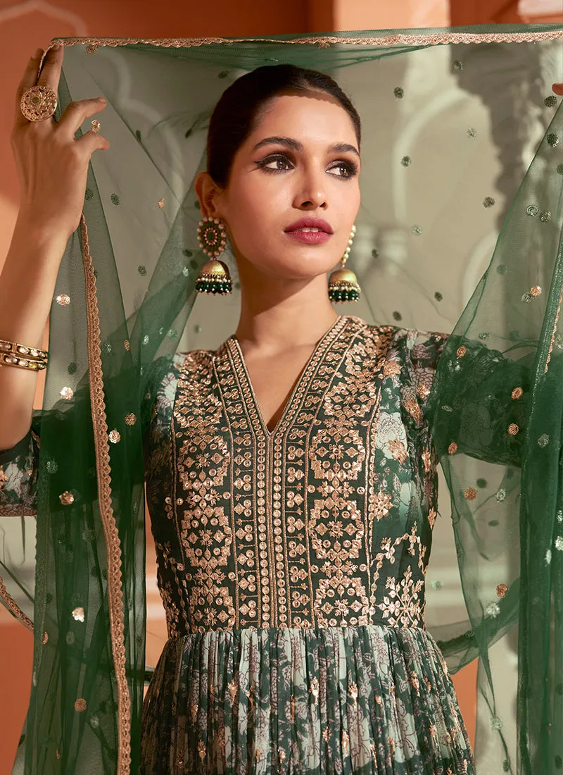 Green Sequence Embroidery Floral Anarkali Suit