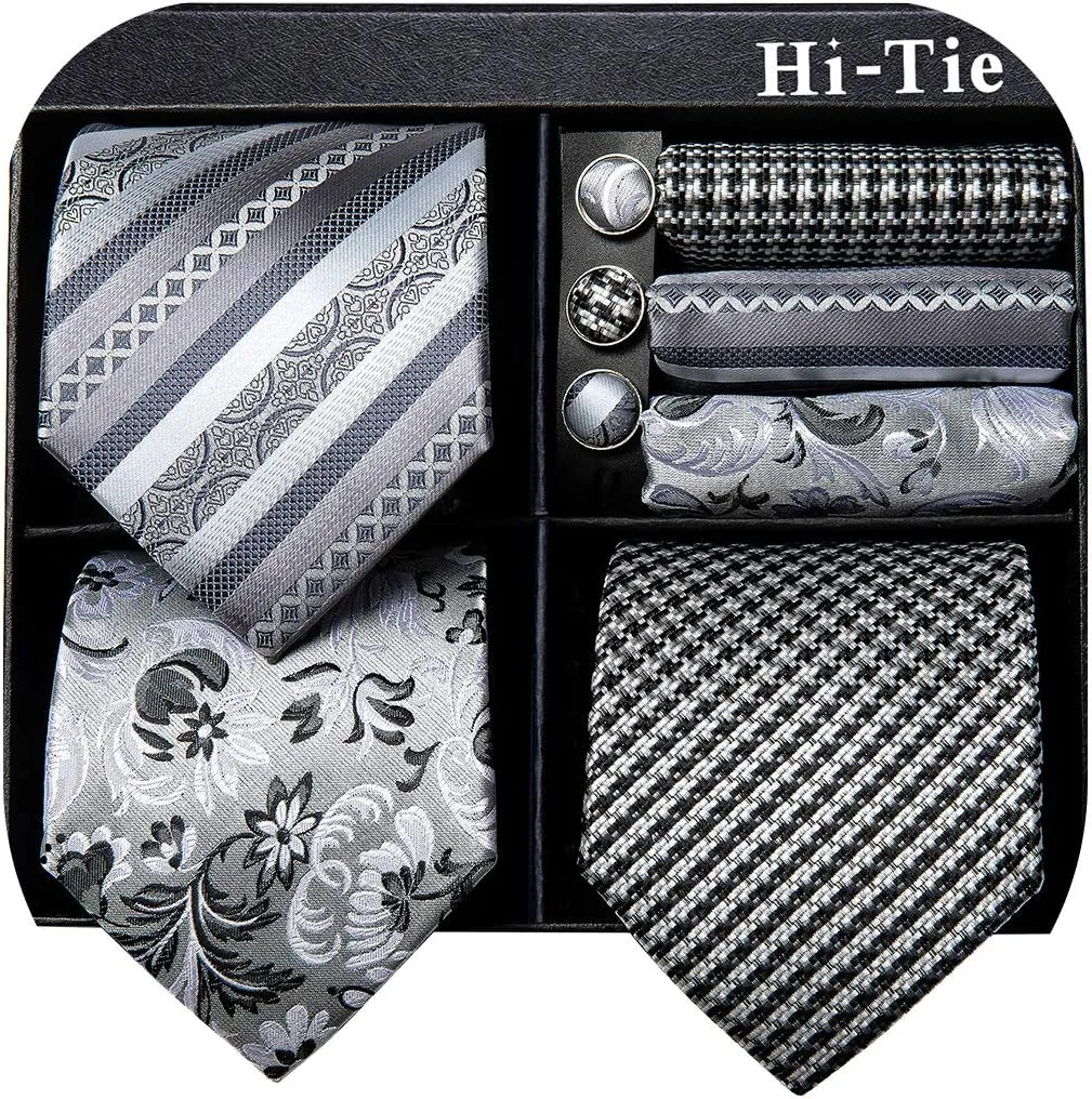 Hi-Tie 3 Pcs Gift Box Mens Tie Set Necktie with Pocket Square Cufflinks Lapel Pin Silk Neck Tie Collection