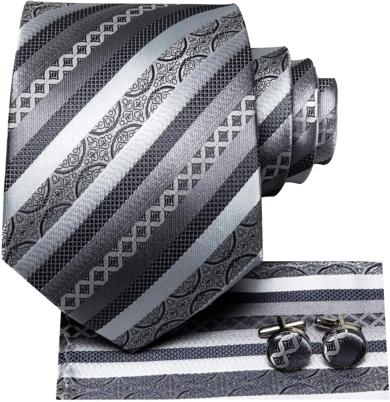 Hi-Tie 3 Pcs Gift Box Mens Tie Set Necktie with Pocket Square Cufflinks Lapel Pin Silk Neck Tie Collection