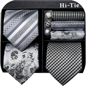 Hi-Tie 3 Pcs Gift Box Mens Tie Set Necktie with Pocket Square Cufflinks Lapel Pin Silk Neck Tie Collection