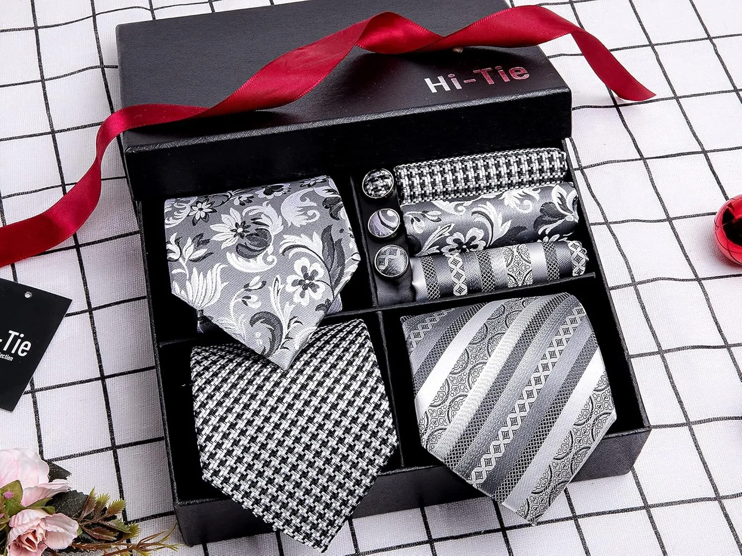 Hi-Tie 3 Pcs Gift Box Mens Tie Set Necktie with Pocket Square Cufflinks Lapel Pin Silk Neck Tie Collection