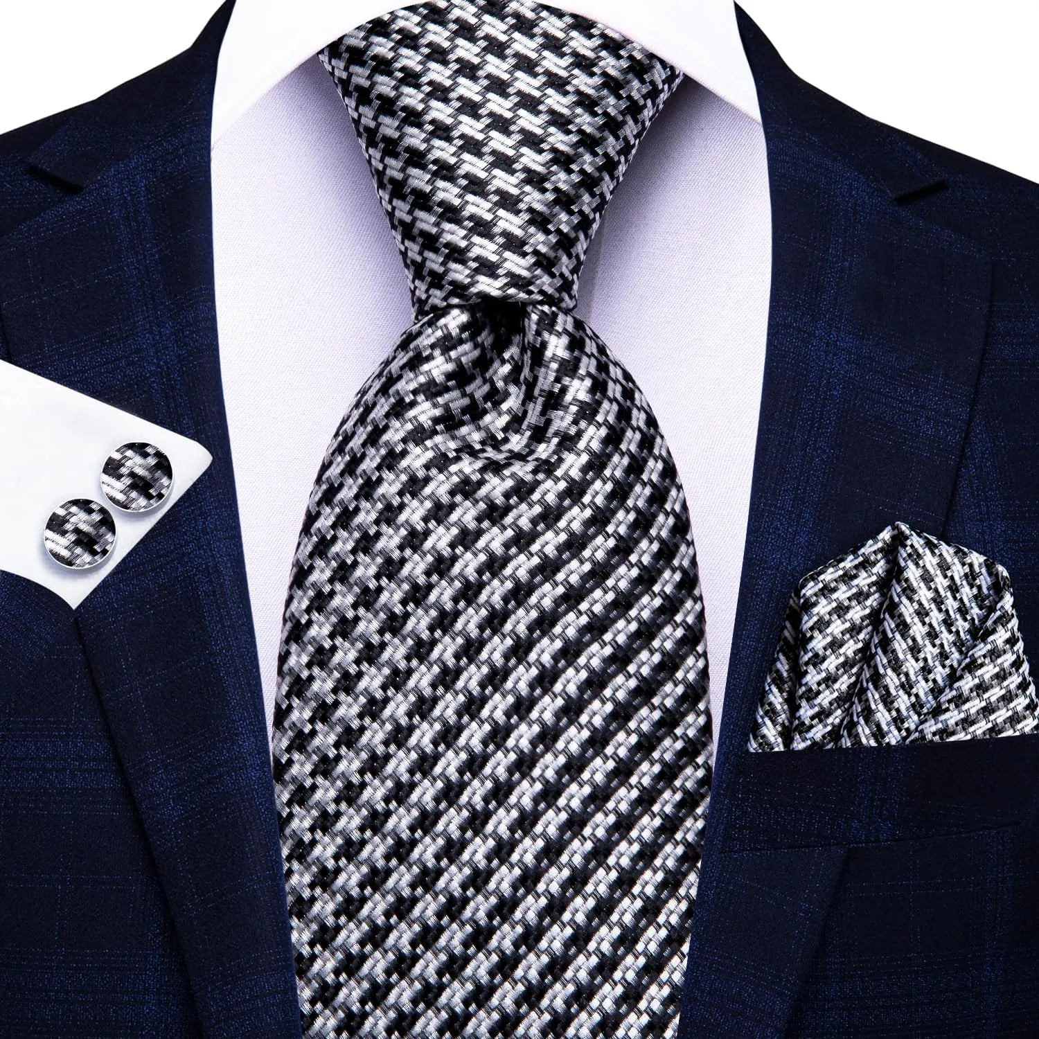 Hi-Tie 3 Pcs Gift Box Mens Tie Set Necktie with Pocket Square Cufflinks Lapel Pin Silk Neck Tie Collection