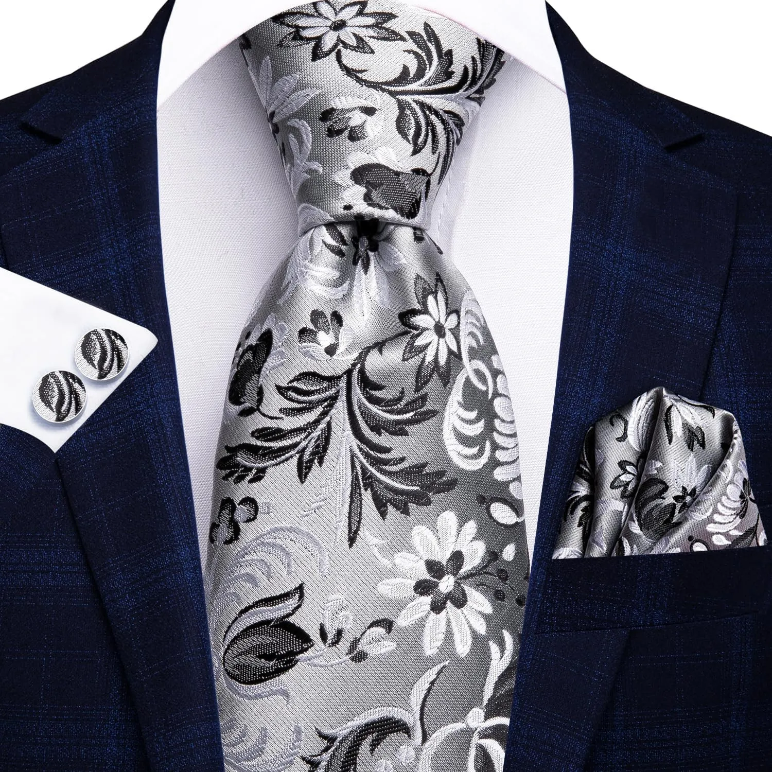Hi-Tie 3 Pcs Gift Box Mens Tie Set Necktie with Pocket Square Cufflinks Lapel Pin Silk Neck Tie Collection