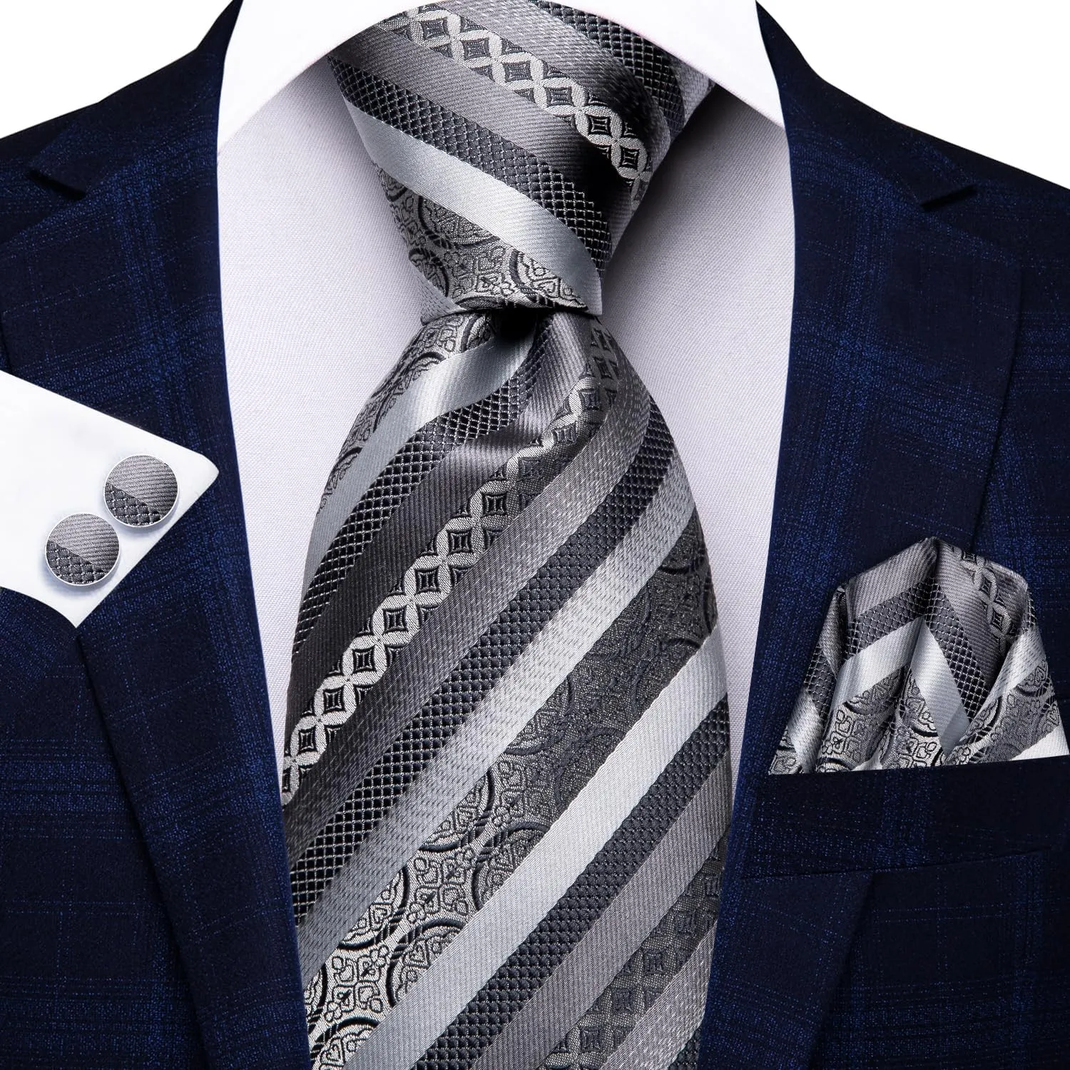 Hi-Tie 3 Pcs Gift Box Mens Tie Set Necktie with Pocket Square Cufflinks Lapel Pin Silk Neck Tie Collection