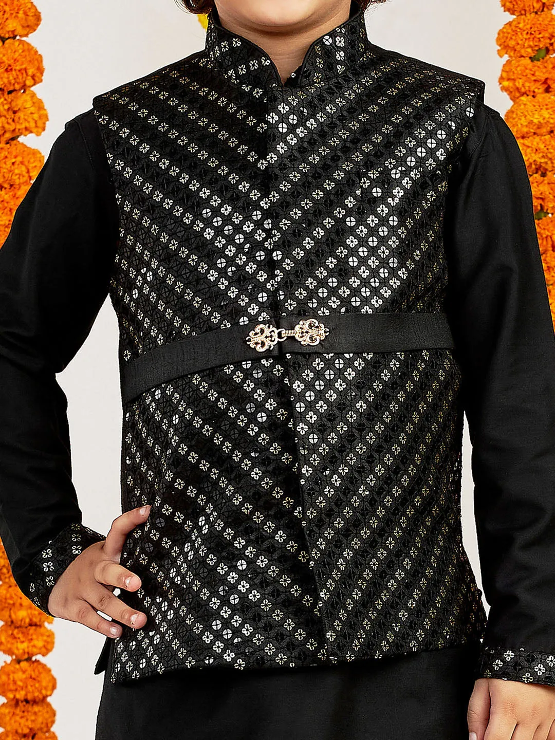 Jashvi Boys' Black Jacket,Kurta And Pyjama Set.