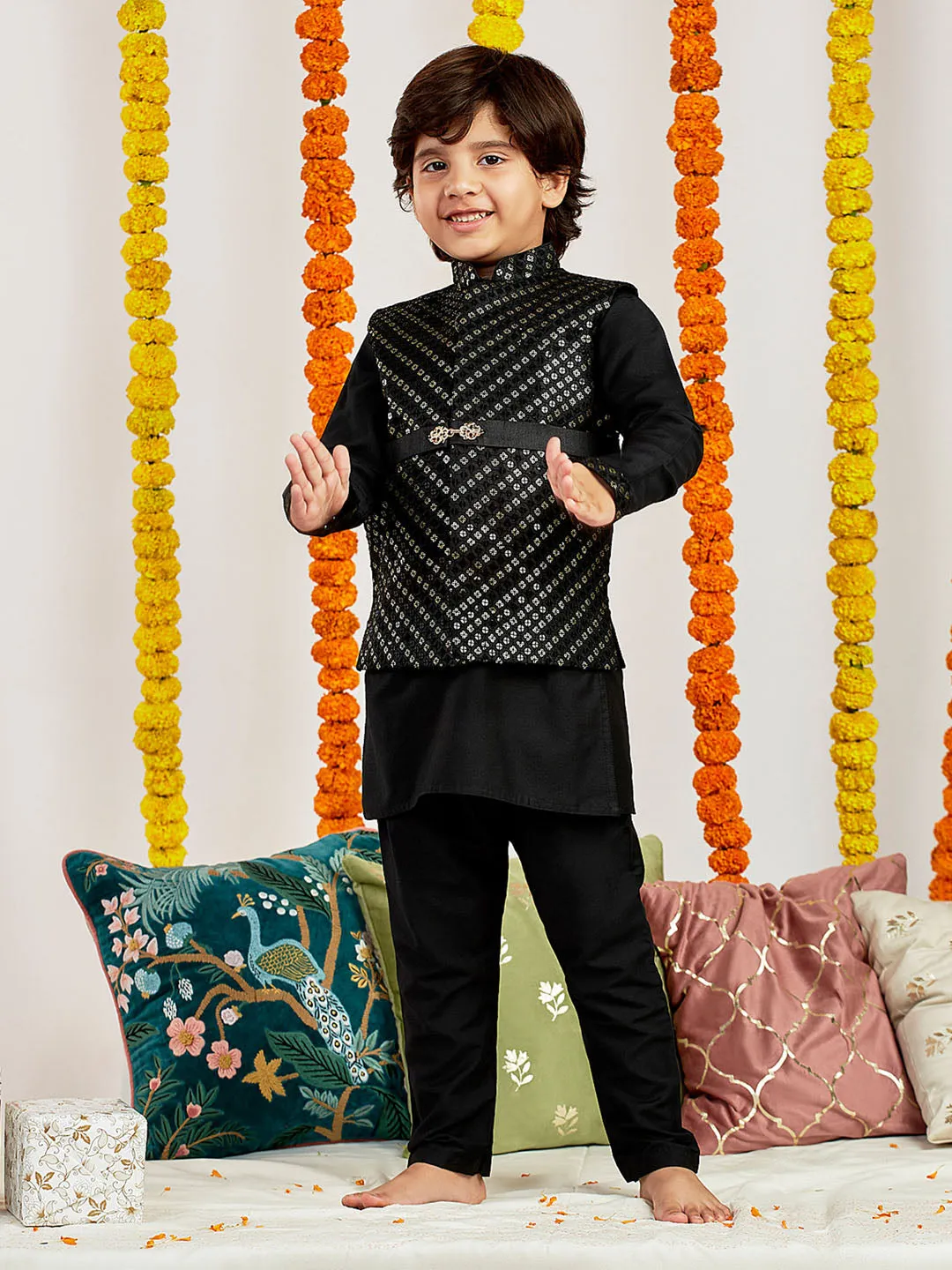 Jashvi Boys' Black Jacket,Kurta And Pyjama Set.