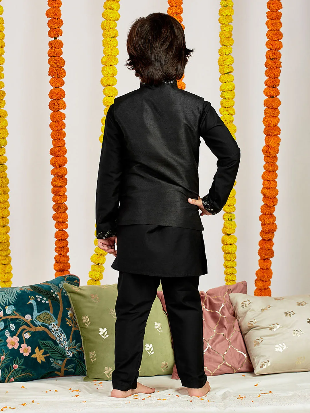 Jashvi Boys' Black Jacket,Kurta And Pyjama Set.