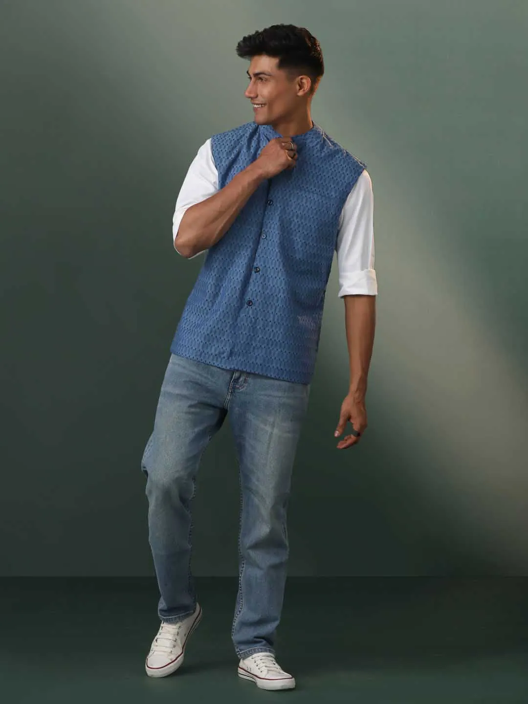 Jashvi Men's Blue Printed Nehru Jacket