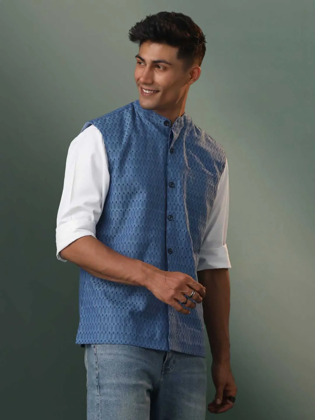 Jashvi Men's Blue Printed Nehru Jacket