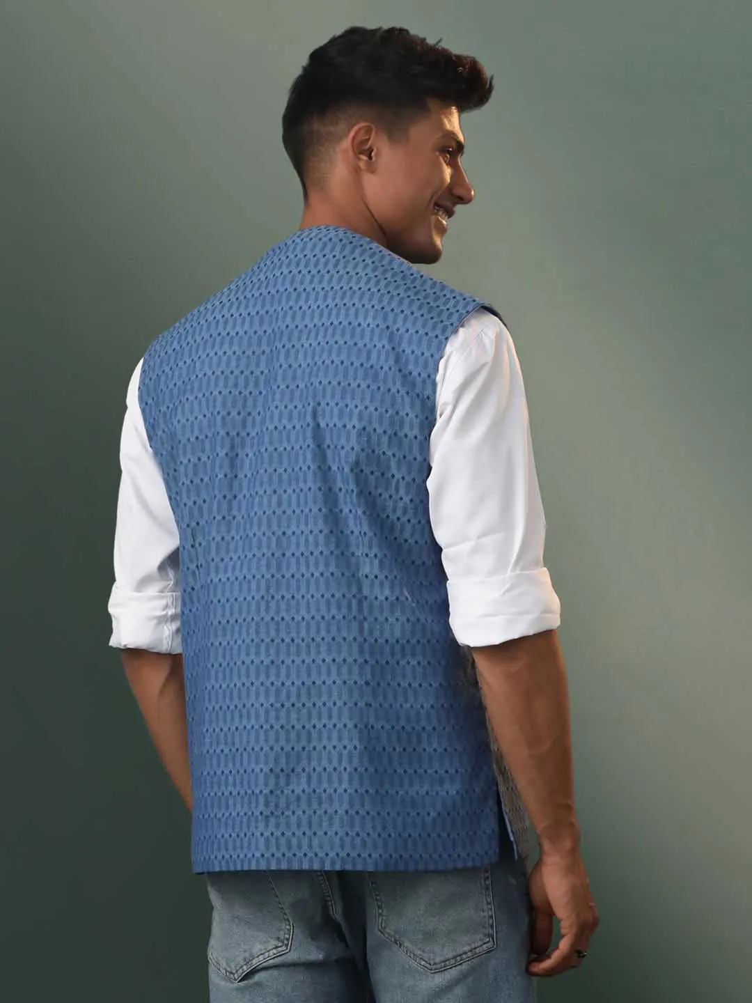 Jashvi Men's Blue Printed Nehru Jacket