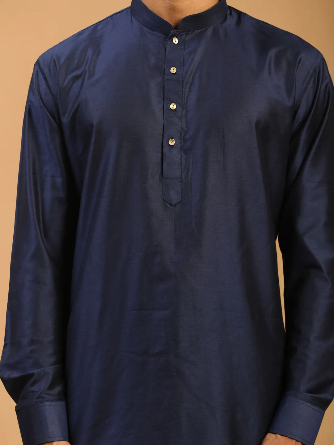 Jashvi Men's Blue Silk Blend Curved Hem Kurta With Pant Set