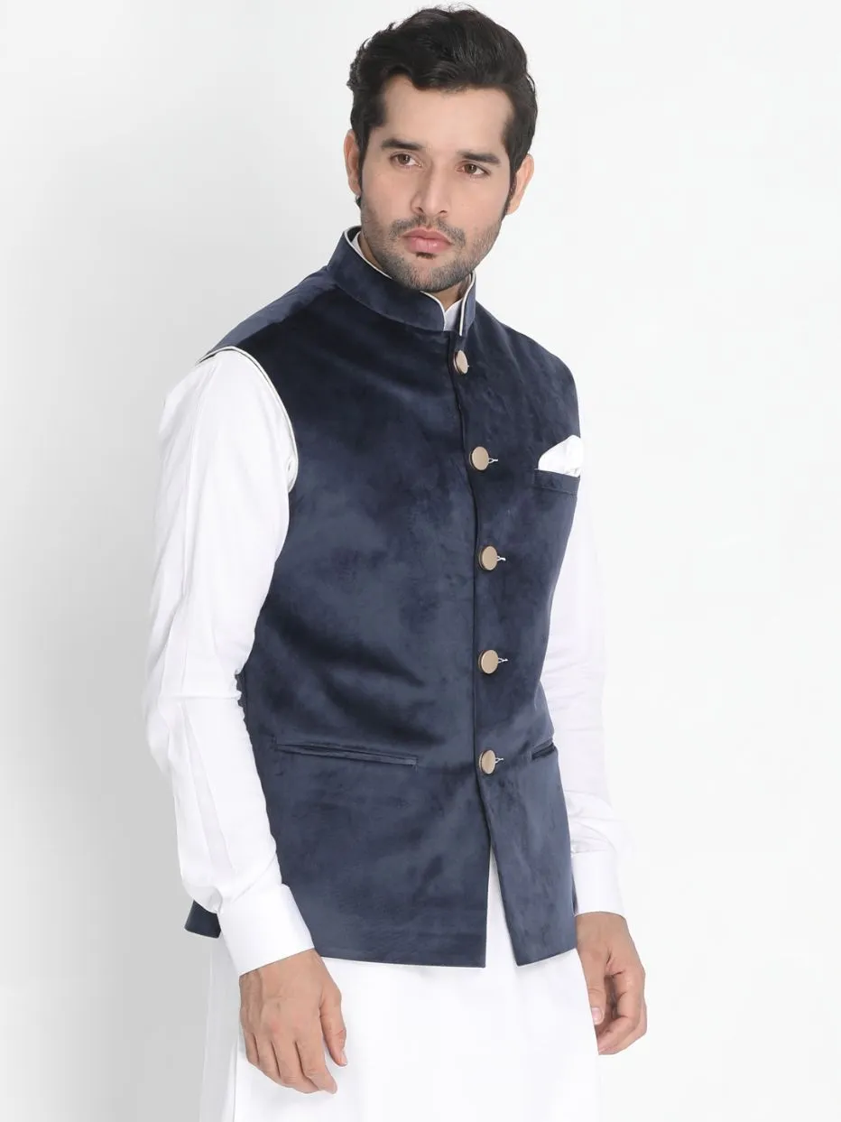 Jashvi Men's Blue Velvet Ethnic Jacket