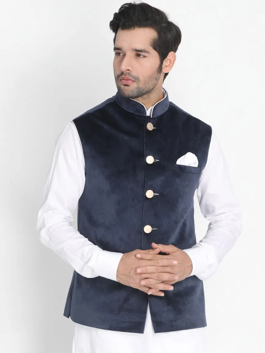Jashvi Men's Blue Velvet Ethnic Jacket