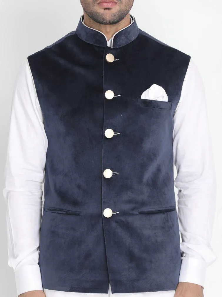 Jashvi Men's Blue Velvet Ethnic Jacket