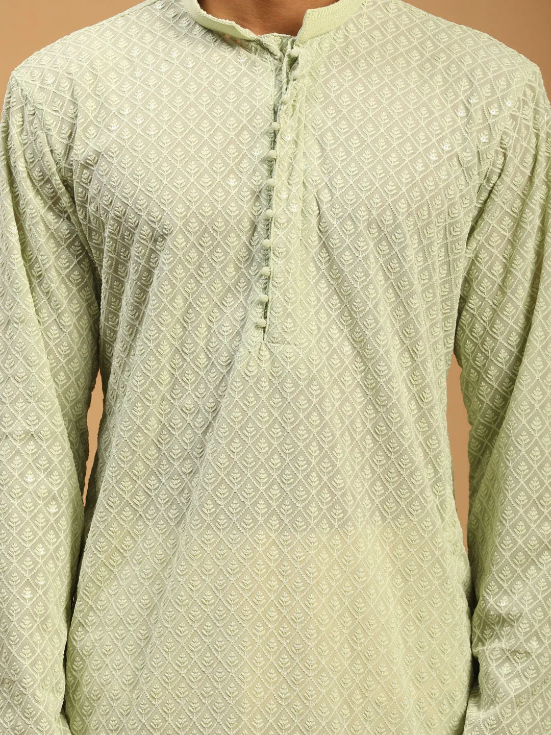 Jashvi Men's Green Embroidery Worked Georgette Kurta
