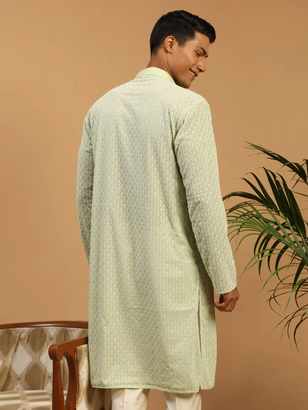 Jashvi Men's Green Embroidery Worked Georgette Kurta