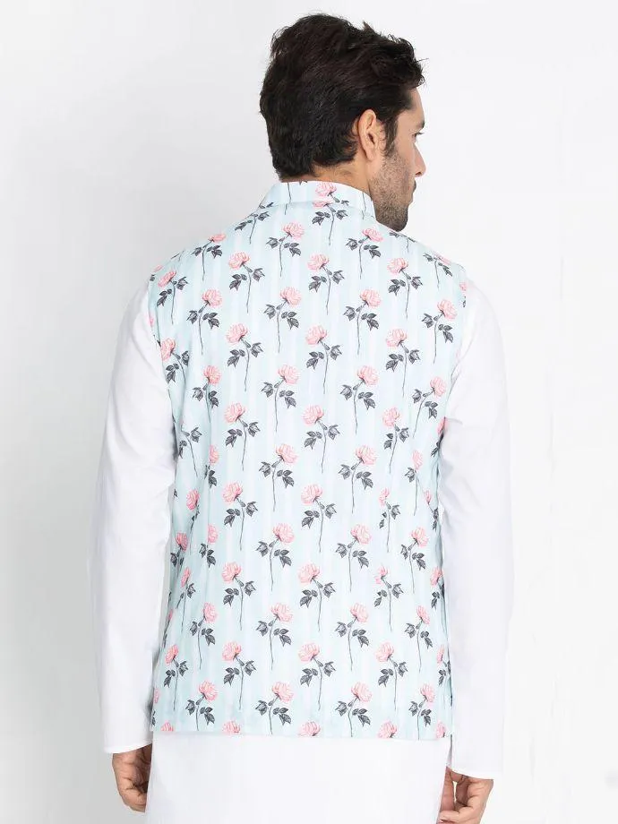 Jashvi Men's Light Blue Cotton Blend Floral Ethnic Jacket