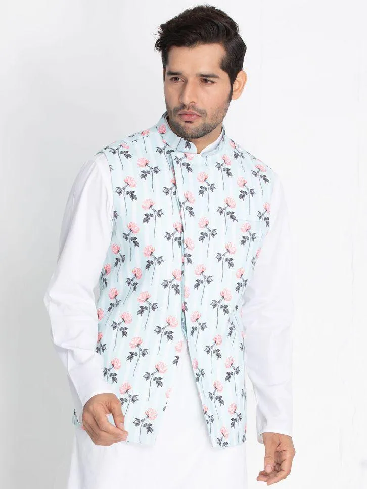 Jashvi Men's Light Blue Cotton Blend Floral Ethnic Jacket