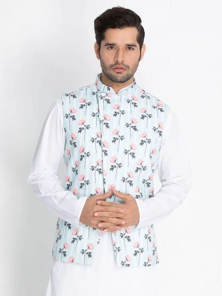 Jashvi Men's Light Blue Cotton Blend Floral Ethnic Jacket