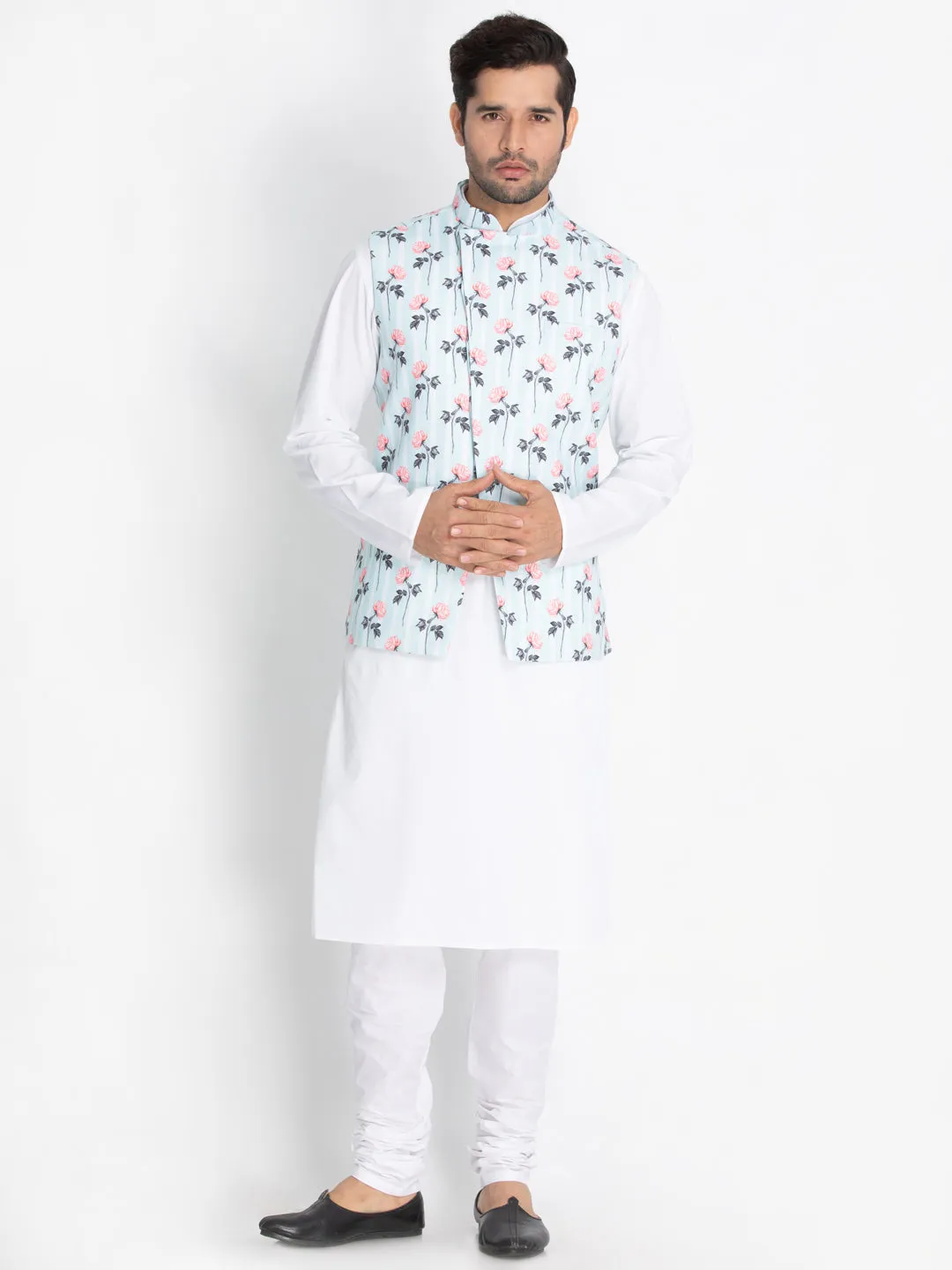 Jashvi Men's Light Blue Cotton Blend Floral Ethnic Jacket